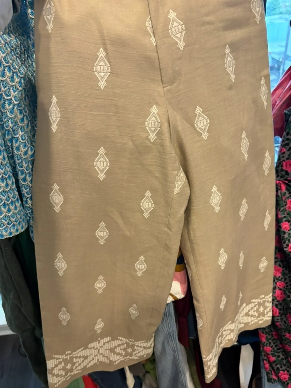 ZARA Linen Beige Patterned Wide-Leg Pants XS embroidered vacation spring summer